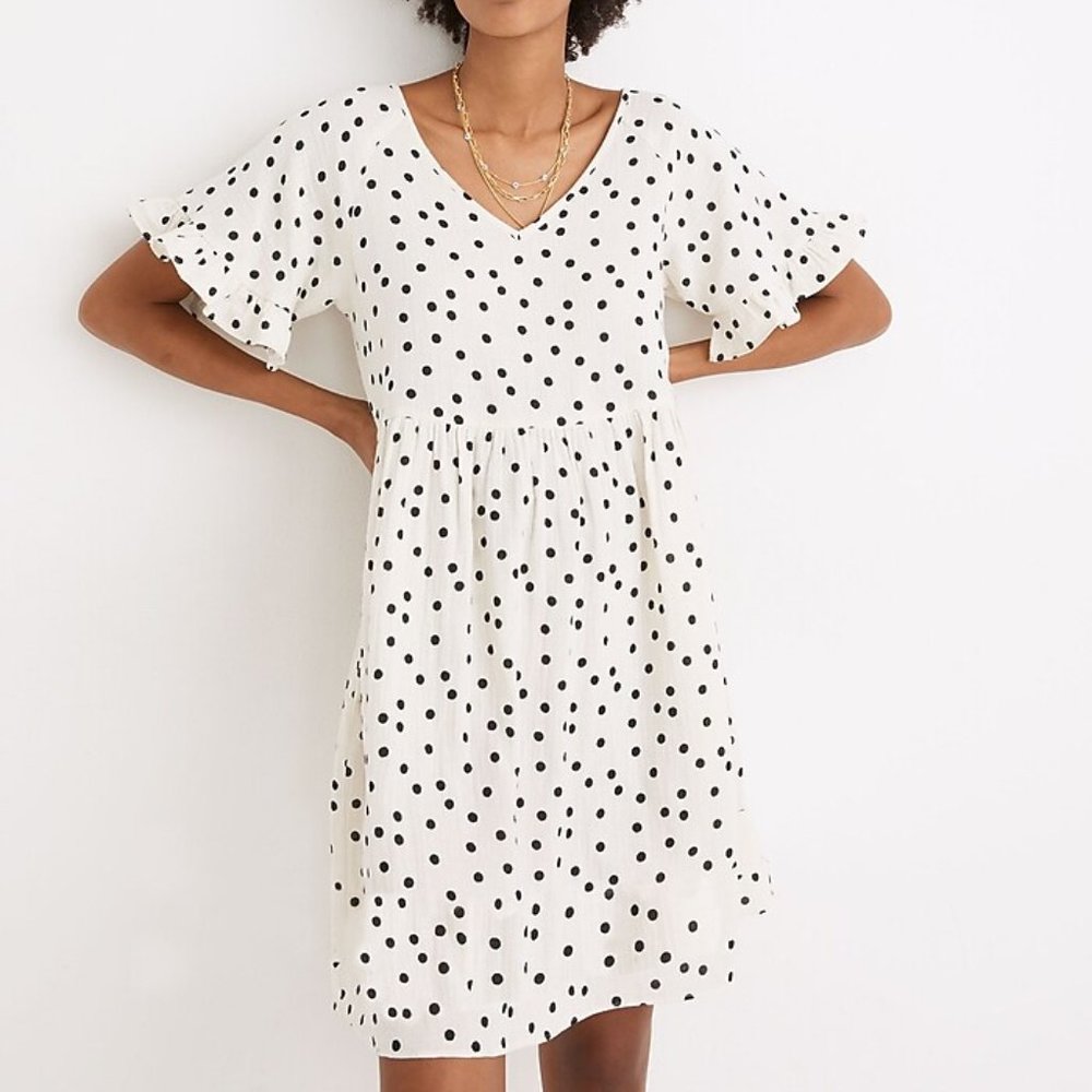 Madewell Lightspun Ruffle-Sleeve Babydoll Dress in Dot Toss
